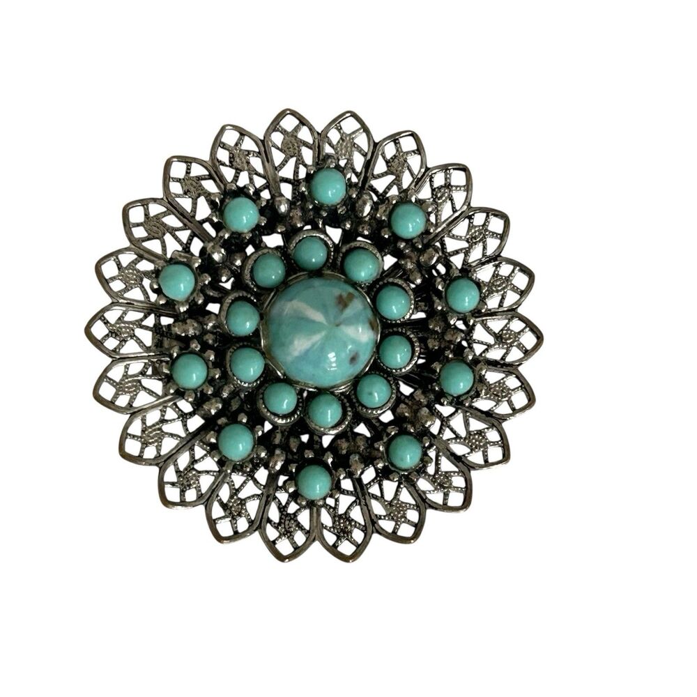 Vintage Faux Turquoise Filigree Flower Pin Brooch Granny Core